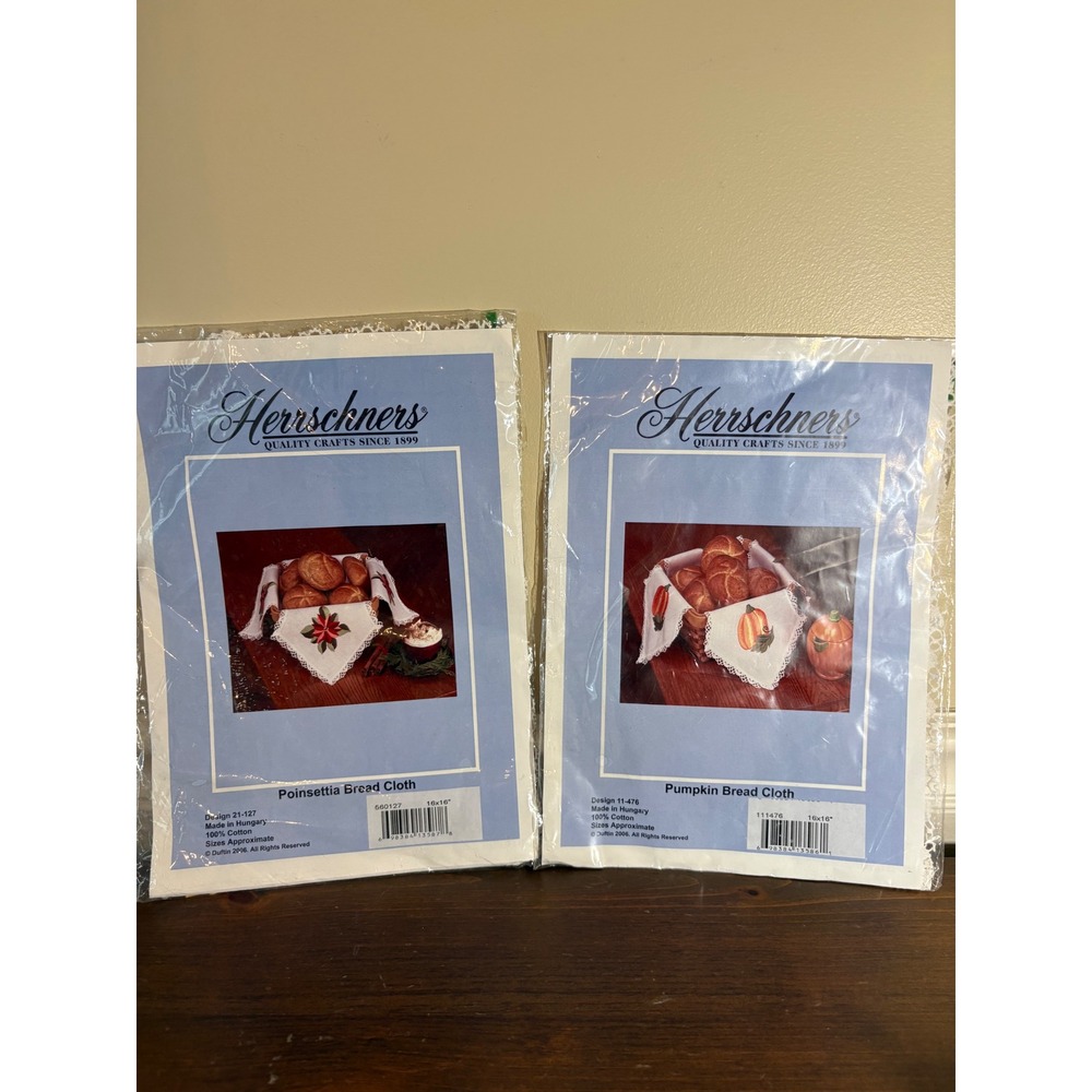 Herrschners Stamped Embroidery Kit Poinsettia Pumpkin Bread Cloth Set 16x16 2pk